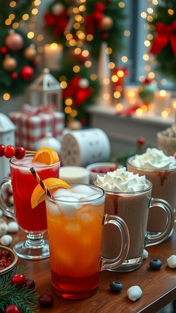 Festive Christmas Morning Beverages A festive display of Christmas morning cocktails and hot chocolate on a decorated table.
